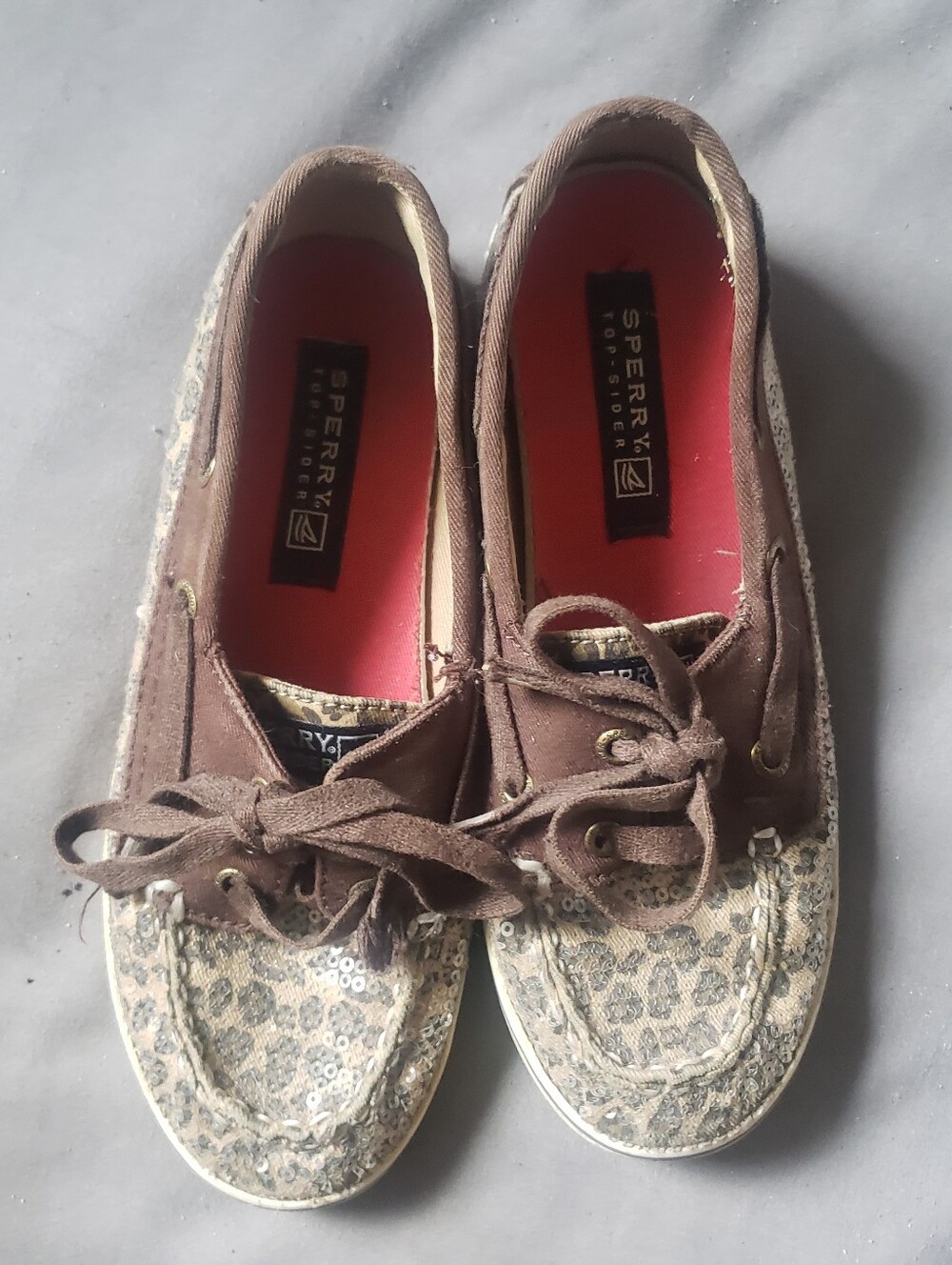 Sperry Girls Size 1.5 Brown Leopard Sequin Boat Shoes